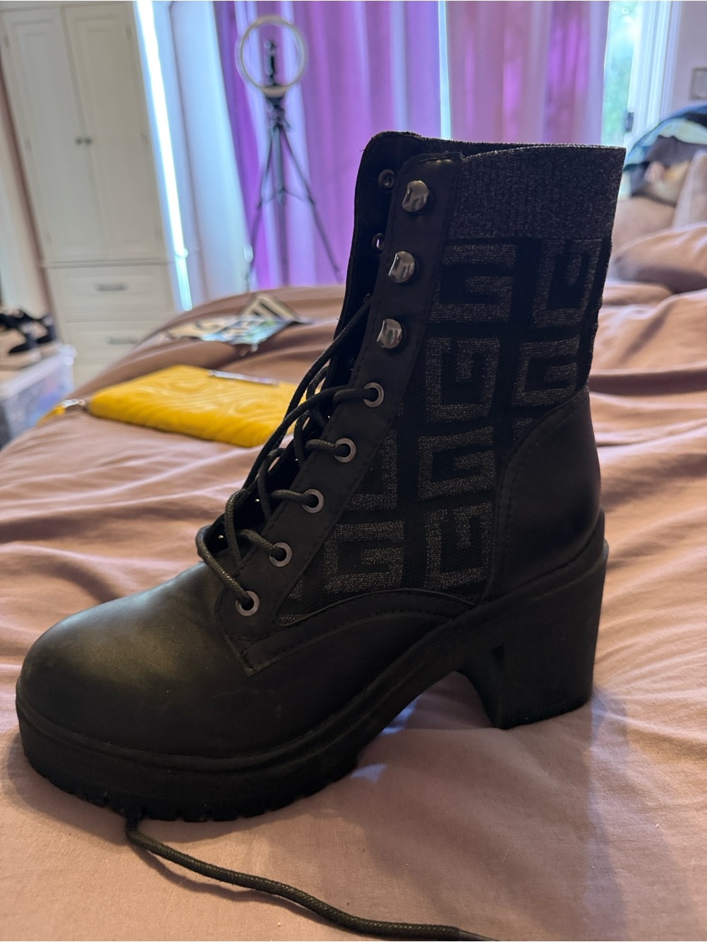 Guess Black Lace-Up High-Heel Combat Boot with Logo Knit Shaft